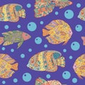 Seamless pattern with zen art doodle fishes on blue sea Royalty Free Stock Photo