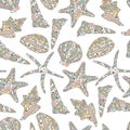 Seamless pattern in zen art style with conch shells and seastars on white