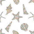 Seamless pattern in zen art style with conch shells and seastars on white