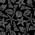 Seamless pattern in zen art style with conch shells and starfish on black background Royalty Free Stock Photo