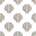 Seamless pattern in zen art style with sea shells and seastars on white