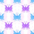 Seamless pattern with zentangle butterflies blue pink lilac on white