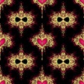 Seamless pattern with Zentangle Hearts with flowers in Boho style gold red on black