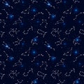 Seamless pattern, zodiac constellations and shining stars in outer space. Background, print Royalty Free Stock Photo