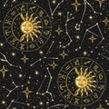 Seamless pattern with zodiac wheel, constellations Royalty Free Stock Photo