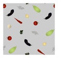 Seamless pattern with zucchini, eggplant, garlic, onion, tomatoes, parsley leaves and dill on a blue background