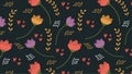 Seamless patterned background with cartoonish colourful flowers. Cute botanical shapes, leaves, decorative abstract vector