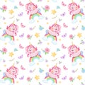 Seamless patterned background drawn cartoon cute pink unicorns sleeping on a rainbow Royalty Free Stock Photo