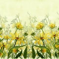 Seamless patterns. Eco-print. Meadow herbs and flowers on a watercolor background.