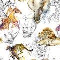 Seamless patterns with african safari animals. Elephant. Rhino. Giraffe. Lion. Cheeta Royalty Free Stock Photo