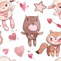 Seamless patterns with animals. Pink Watercolor set of elements for Valentine`s day. Scrapbook design elements