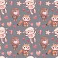 Seamless patterns with animals. Pink Watercolor set of elements for Valentine`s day. Scrapbook design elements