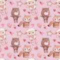 Seamless patterns with animals. Pink Watercolor set of elements for Valentine`s day. Scrapbook design elements