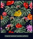 Seamless patterns art of tropical rainforest flowers