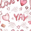 Seamless patterns with balloons. Pink Watercolor set of elements for Valentine`s day. Scrapbook design elements Royalty Free Stock Photo