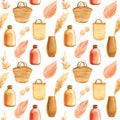 Seamless patterns, basket, vase, bag, straw bag watercolor, isolated white background.