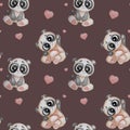 Seamless patterns with bears. Cute funny panda with different emotions on a dark background with hearts. Watercolor. childrens