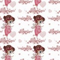 Seamless patterns. Beautiful pregnant woman with wings with a ribbon on her head in a pink dress on a white background Royalty Free Stock Photo