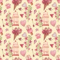 Seamless patterns with bird. Pink Watercolor set of elements for Valentine`s day. Scrapbook design elements. Typography Royalty Free Stock Photo