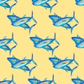 Seamless patterns with blue fishes on a yellow background. Tuna. Watercolor illustrations. Background for wallpaper, textiles,