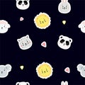 Seamless patterns. Childrens collection. Cute animal stickers - hare and sheep, gray cat and koala, lion and panda on a