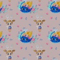 Seamless patterns childrens collection. Cute little girls - a princess and a blue whale and a fairy with bunny ears and Royalty Free Stock Photo