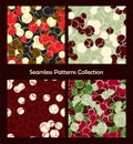 Seamless patterns collection. Red green colorful templates. Circles dots abstract backgrounds