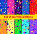 Seamless patterns with colored circles are randomly scattered. Bright colors, collection of ten backgrounds. Vector