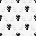 Seamless patterns consist of palm trees and repeating dinosaurs.