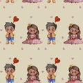 Seamless patterns. A couple in love - a playful baby princess with long hair and lipstick in her hands and a boy in a