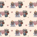 Seamless patterns. Couple of pandas in love. The groom with a bouquet of red flowers and the bride in a veil and crown on a light