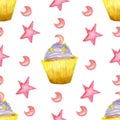 Watercolor pattern with purple puncakes and star and moon