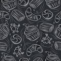 Seamless Patterns with cupcake, croissan, cake and bonbon on grunge blackboard.Ideal for printing onto fabric and paper or scrap Royalty Free Stock Photo