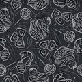 Seamless patterns with cupcake, croissant and cookie on grunge b