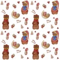 Seamless patterns. Cute animals. Bear with a scarf and a mug in his paws, a bear in clothes and a sleeping animal on the Royalty Free Stock Photo