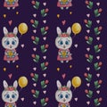 Seamless patterns with cute animals. Bunny girl in a pink dress with flowers, a gift and a yellow balloon on a blue Royalty Free Stock Photo