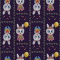 Seamless patterns. Cute animals hares. Girl rabbit with flowers and a balloon and a boy with a gift on a blue background with Royalty Free Stock Photo