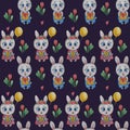 Seamless patterns. Cute couple hares. Girl rabbit with flowers and a balloon and a boy with a gift on a blue background with Royalty Free Stock Photo