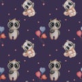 Seamless patterns with cute little bears. Funny pandas on a dark blue background with balloons. Watercolor. Childrens