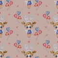 Seamless patterns. Cute little fairy girl with bunny ears on her head with a toy hare and balloons on a pink background. Royalty Free Stock Photo