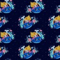 Seamless patterns. Cute little girl princess and a blue whale with a rainbow and flowers on a dark blue background. Watercolor. Royalty Free Stock Photo