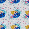 Seamless patterns. A cute little girl princess swims on a blue whale with a rainbow and flowers on a light background with a Royalty Free Stock Photo