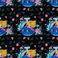 Seamless patterns. Cute little princess girl and a blue whale with a rainbow on a black background with a floral pattern. Royalty Free Stock Photo