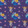 Seamless patterns. A cute little princess swims on a blue whale with a rainbow and a fairy girl with a bunny in her hands on a Royalty Free Stock Photo