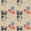 Seamless patterns with cute panda. A surprised little teddy bear stands with balloons on a beige background with hearts