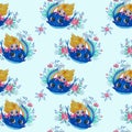 Seamless patterns. A cute princess swims on a blue whale with a rainbow and flowers on a light blue background with a Royalty Free Stock Photo