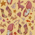 Seamless patterns. decorative elements for Christmas and New Year. Decorations, gingerbread, deer and gnome, socks and