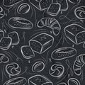 Seamless Patterns with different breads over grunge blackboard.Ideal for printing onto fabric and paper or scrap booking.