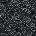 Seamless patterns with different breads, pretzel, and bap on blackboard. Ideal for printing onto fabric and paper or scrap booking Royalty Free Stock Photo