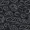 Seamless patterns with different breads, pretzel, Easter bread, bap and croissant on blackboard. Ideal for printing onto fabric